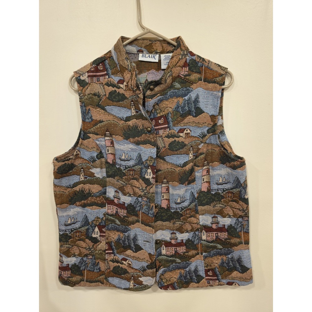 Vintage Coastal Lighthouse Vest Button Down 90's Size Large Blair
